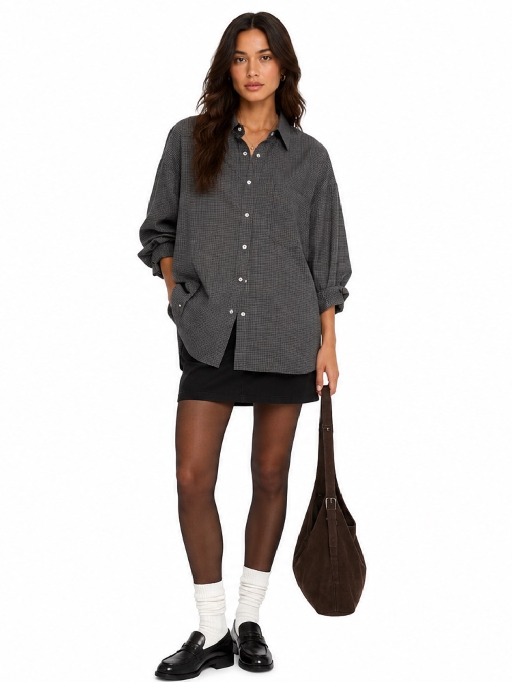 C’est Moi Oversized Check Button Up Shirt One Size Black Cotton NWT MSRP 75